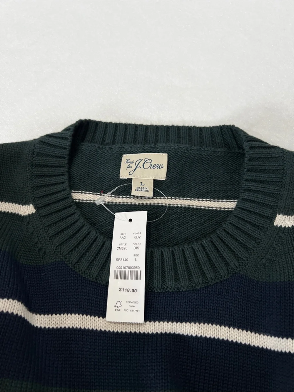 J.Crew Knit Heritage Crew Stripe Sweater Sz Large Cotton Green Navy Long Sleeve